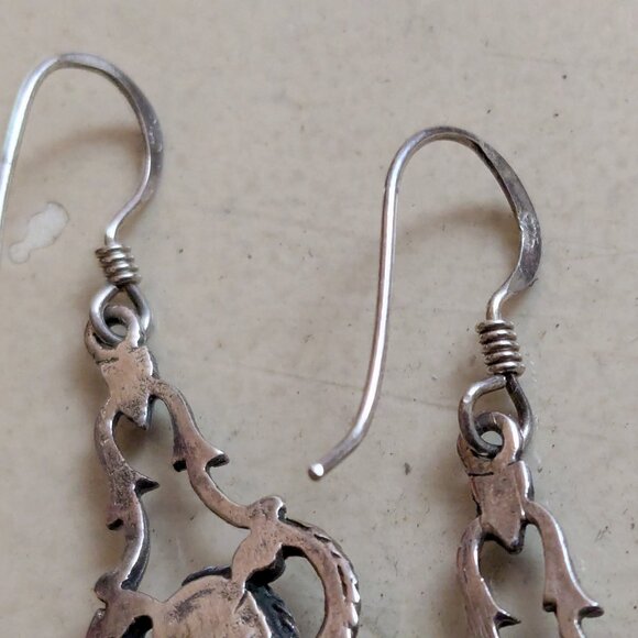 Delicate Ornate Sterling Dangle Earrings with Emerald Colored Inlay - Picture 10 of 10